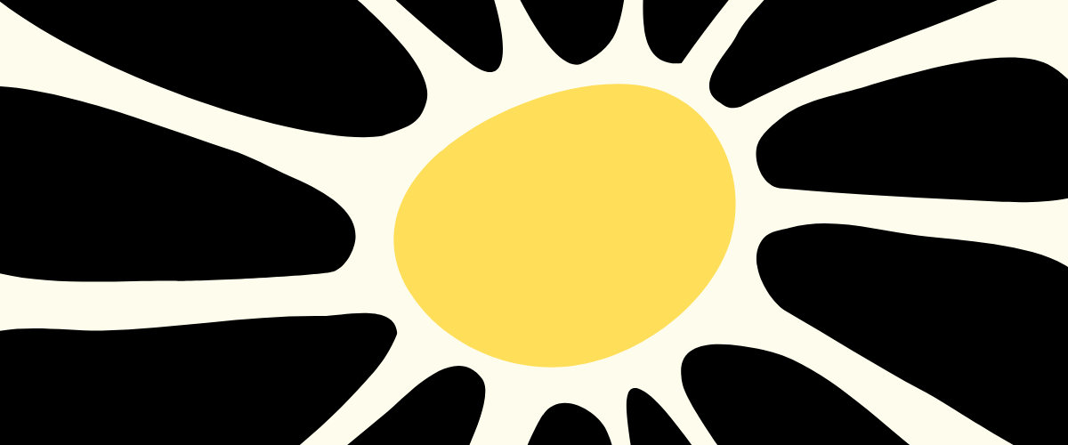 Motif abstrait avec formes noires irrégulières autour d'une ovale jaune sur fond crème.
