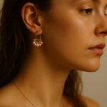 Femme aux cheveux bruns portant une créole dorée ornée de petites perles roses, éclairage doux.