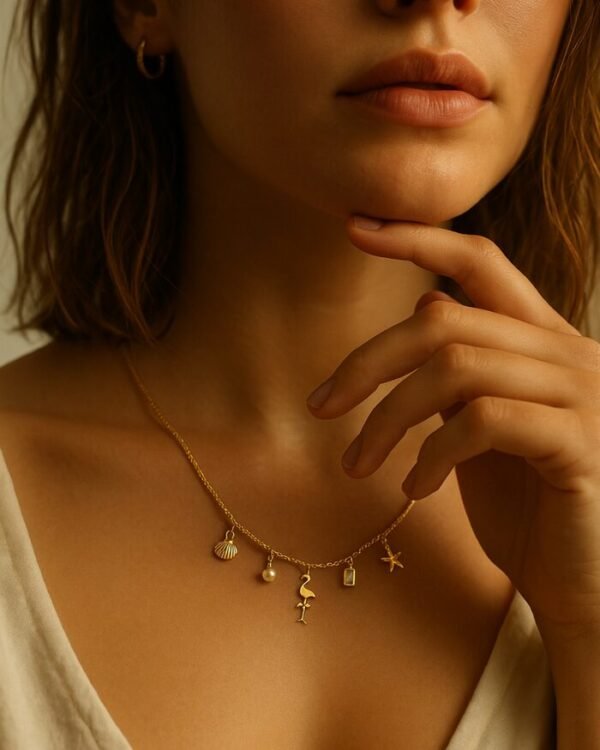 Collier doré à cinq pendentifs variés porté par une personne posant avec élégance.