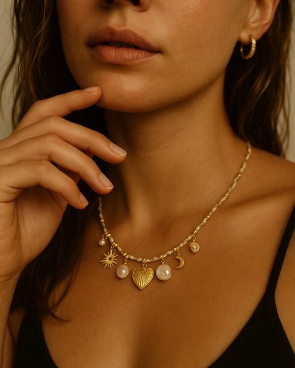 Personne portant un collier pendentifs soleil, cœur, lune, perles et créoles en or.